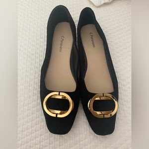C.Paravano Black suede flats with gold buckle. size 7. Worn once.